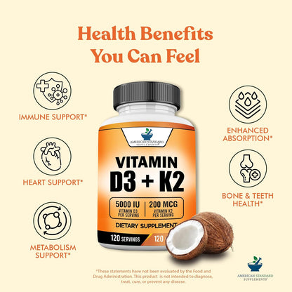 Vitamin D3 5000 IU with Vitamin K2 (MK7) 200mcg – 120 Capsules, Non-GMO, Gluten-Free