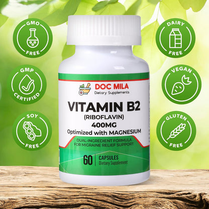 Doc Mila Vitamin B2 Riboflavin 400mg Capsules – Vegan Supplement for Energy Metabolism & Nervous System Support – 60 Capsules