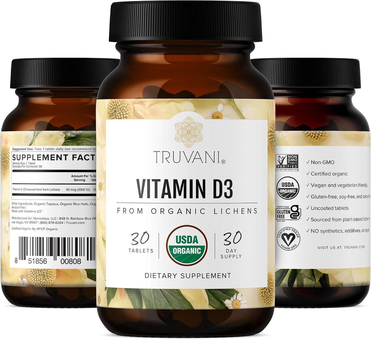 Truvani Organic Vitamin D3 - Plant-Based, USDA Organic, Gluten-Free, Non-GMO, Vegan D3 Supplement - Supports Normal Bone, Immune & Muscle Function - 30 Tablets - görsel 5