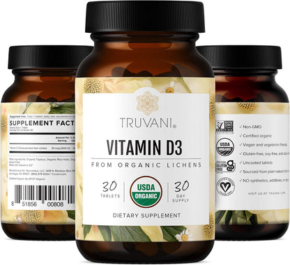 Truvani Organic Vitamin D3 - Plant-Based, USDA Organic, Gluten-Free, Non-GMO, Vegan D3 Supplement - Supports Normal Bone, Immune & Muscle Function - 30 Tablets