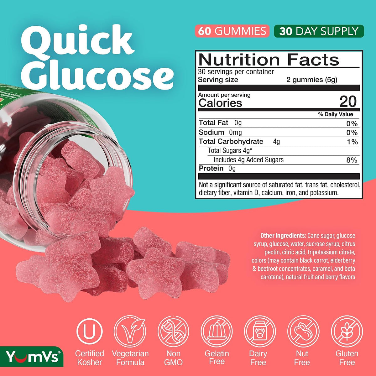 YUM-V'S Glucose Gummies – Fast Acting Chewable Gummies – Natural Berry Flavour – 60 Gummies - görsel 3