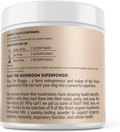 Wonder Paws Immune Support Mushroom Powder for Dogs – Organic Mushroom Complex with Turkey Tail, Reishi & Lion’s Mane (90 Scoops)