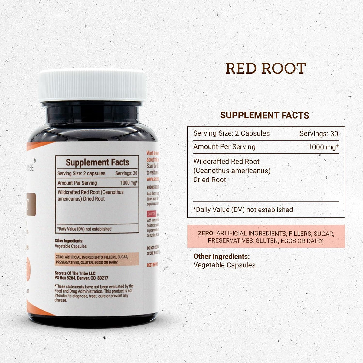 Secrets of the Tribe Red Root 60 Capsules, 1000 mg, Wildcrafted Red Root (Ceanothus Americanus) Dried Bark (60 Capsules) - görsel 3