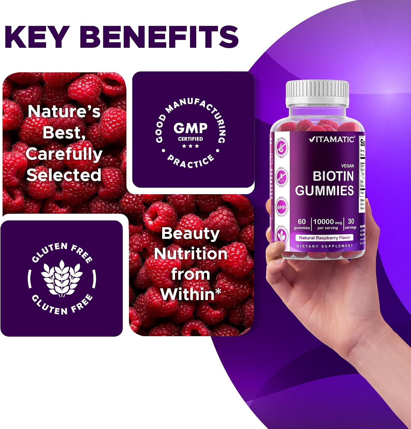 Vitamatic Biotin Gummies 10,000 mcg – 60 Vegan Gummies for Hair, Skin & Nails - görsel 6