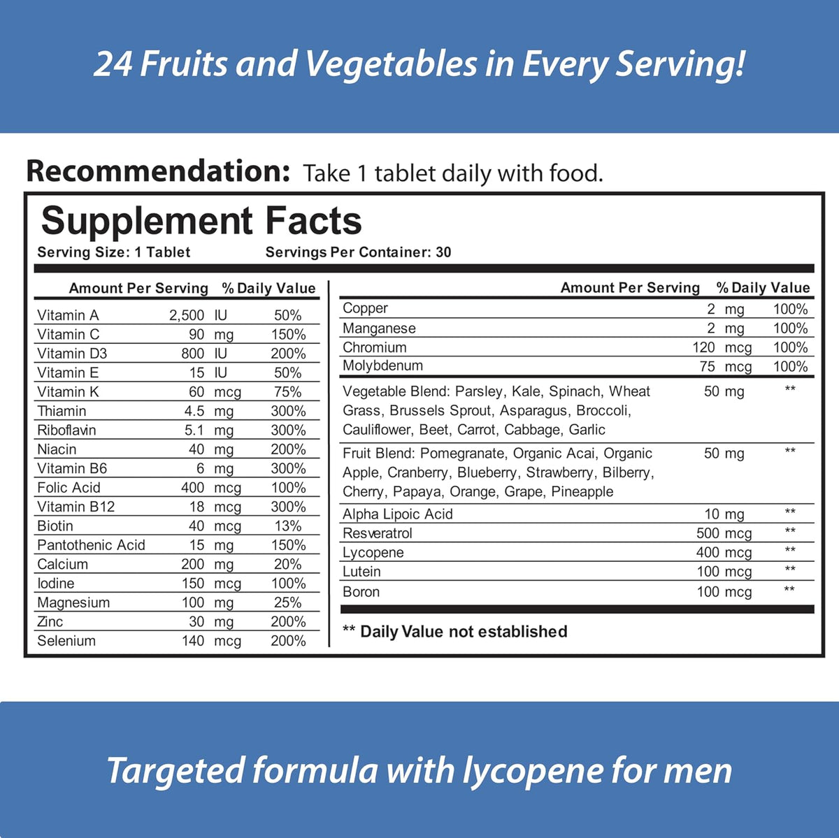 Reload! for Men, All Natural Multivitamin, Multimineral, and Antioxidant with 24 Fruits and Vegetables, 30-Day Supply - görsel 2