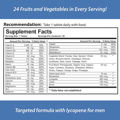 Reload! for Men, All Natural Multivitamin, Multimineral, and Antioxidant with 24 Fruits and Vegetables, 30-Day Supply