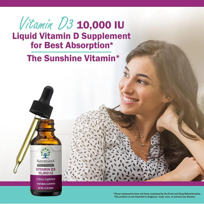 NatureGenX Vitamin D3 Liquid Drops – Immune System Support & Bone Health for Adults – Vegan, Non-GMO, Gluten-Free – 30ml (1-Month Supply)