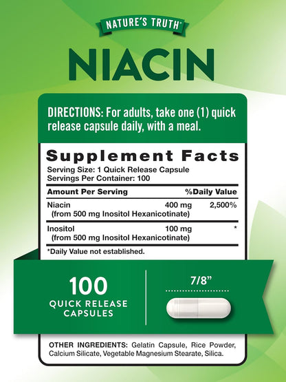 Nature's Truth Flush Free Niacin 500mg, 100 Capsules – Non-GMO & Gluten-free Food Supplement
