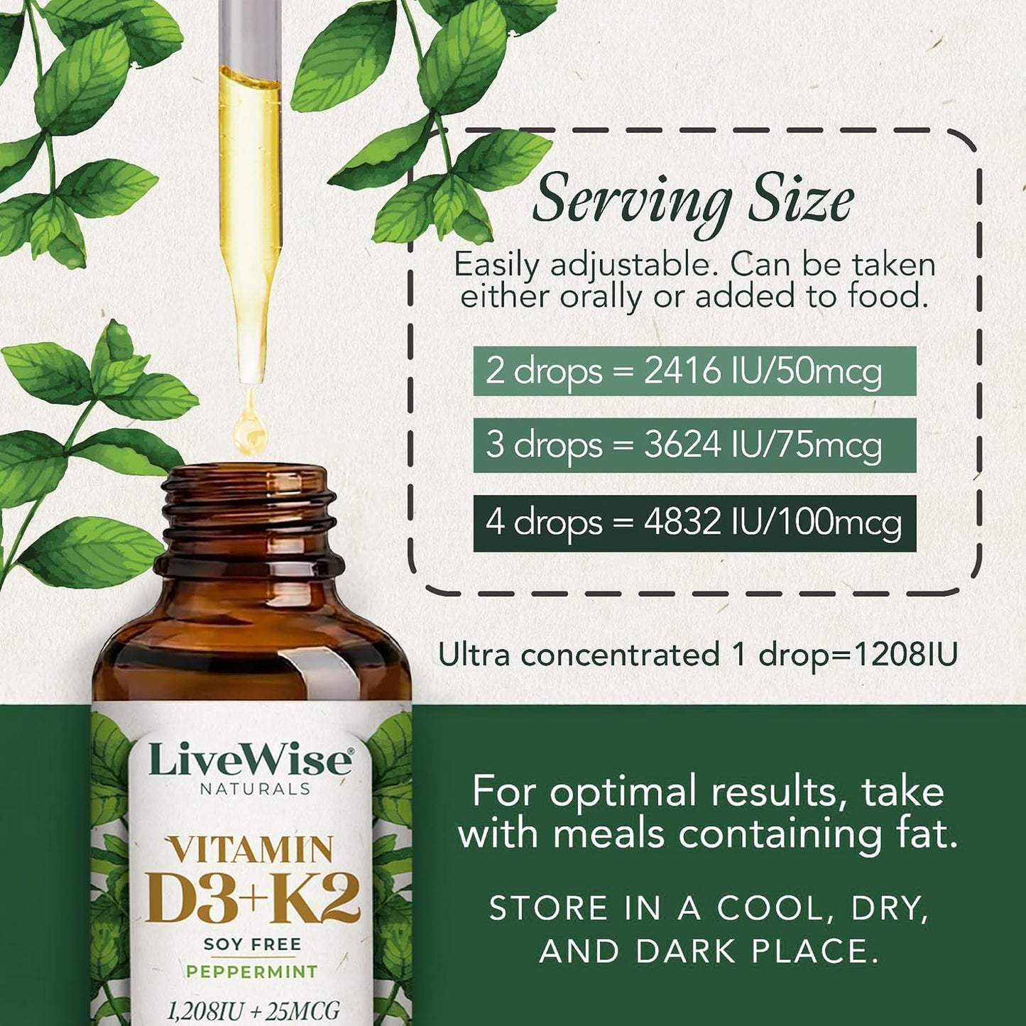 Live Wise Naturals Vitamin D3 K2 (MK-7) Peppermint Drops - 930 Drops, 1208 IU D3, 25 mcg K2 - görsel 4
