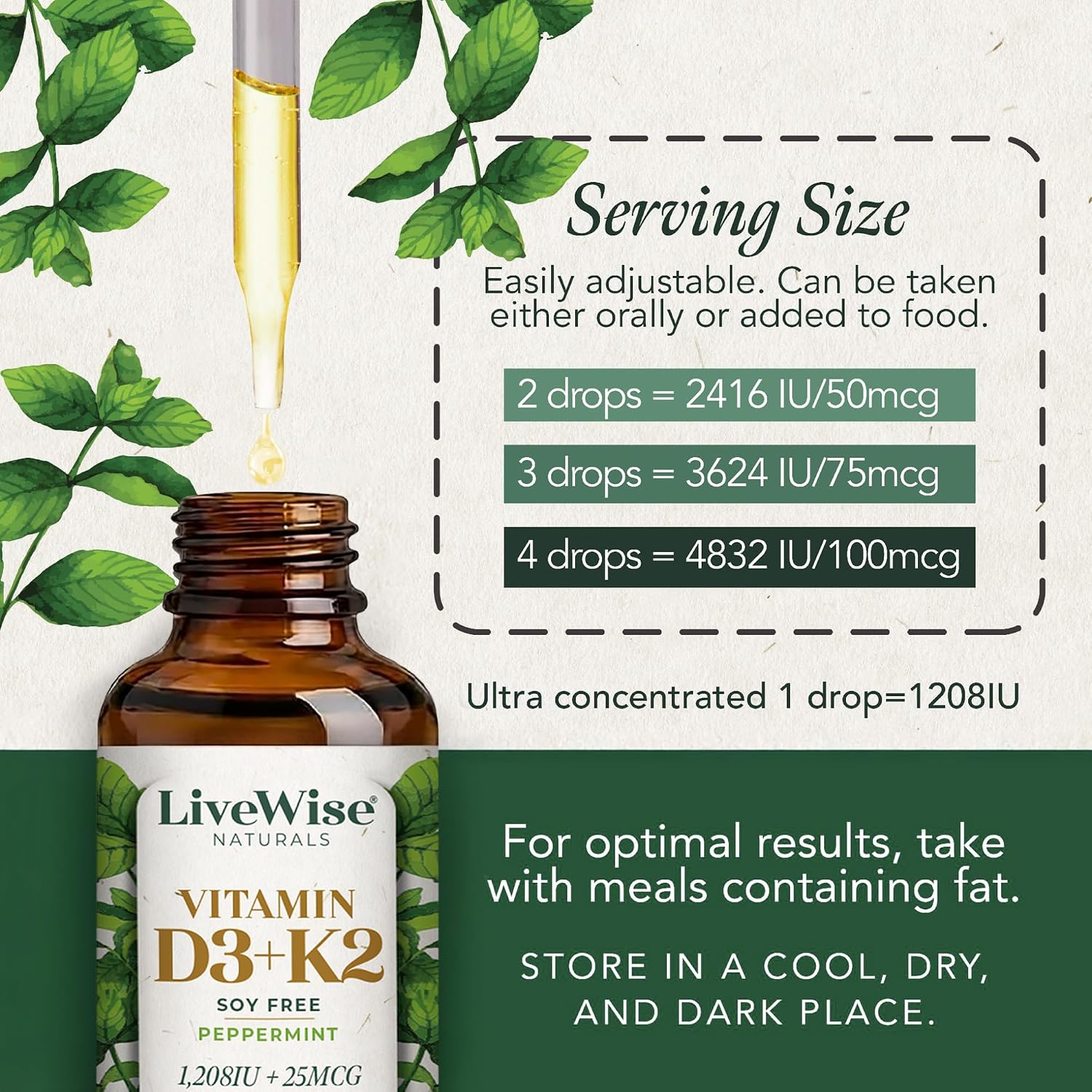 Live Wise Naturals Vitamin D3 K2 (MK-7) Peppermint Drops - 930 Drops, 1208 IU D3, 25 mcg K2 - görsel 4