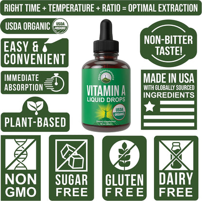 USDA Organic Vitamin A Liquid Drops - Vegan High Bioavailability Retinyl Palmitate for Eye, Skin and Immune Health