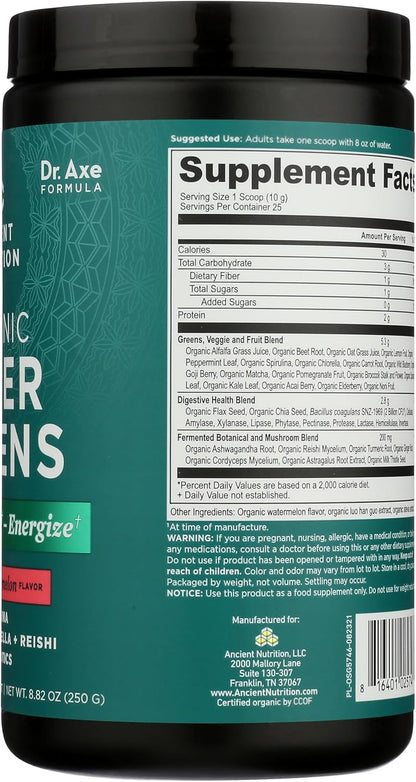 Ancient Nutrition SuperGreens Powder with Probiotics, Organic Watermelon Flavour – 25 Servings