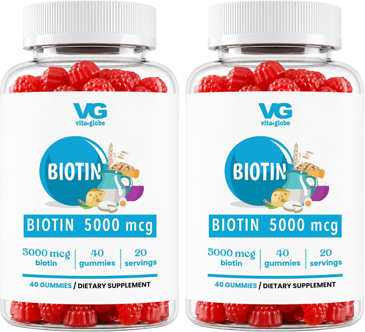 VITA GLOBE Biotin 5000 mcg Gummy Vitamins, Vegan Non-GMO Mixed Berry Chewables for Healthy Hair Growth, Glowing Skin and Strong Nails – 80 Count (2 Pack) - görsel 1