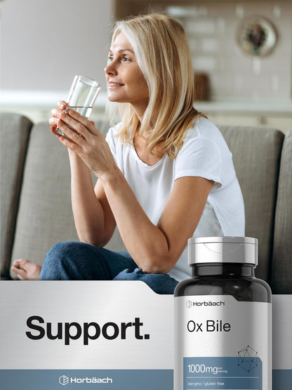 Horbäach Ox Bile Supplement | 1000mg | 100 Capsules | Digestive Enzymes | Non-GMO & Gluten-Free