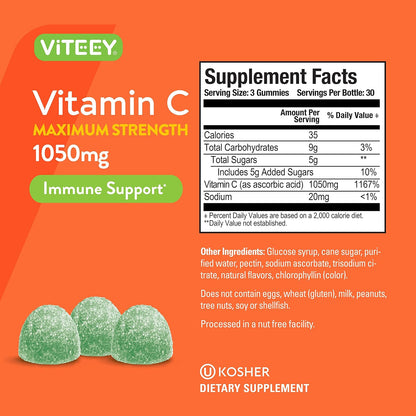 Viteey Chewable Vitamin C Gummies for Adults - 1050mg Maximum Strength | Immune Support - 90 Count