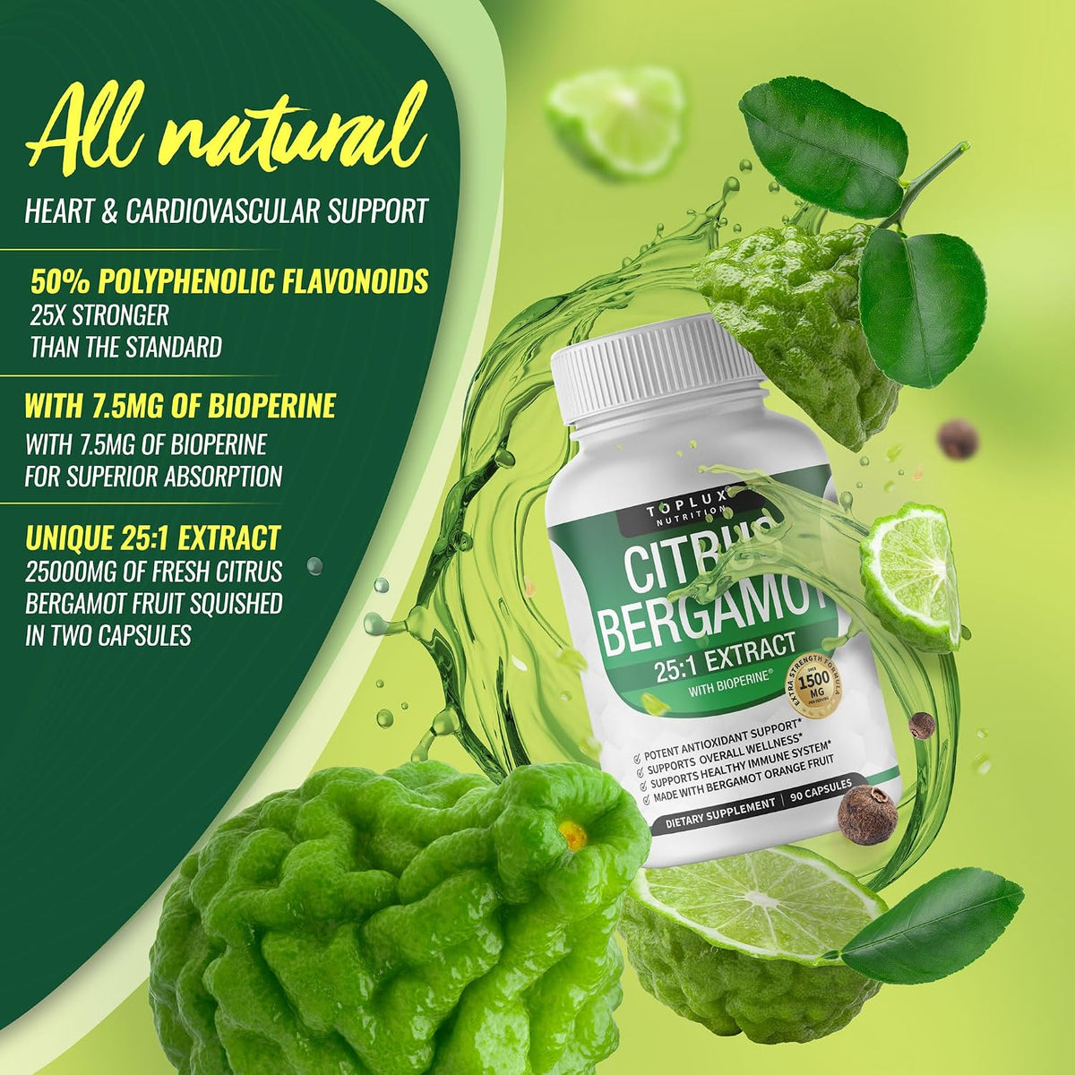Toplux Citrus Bergamot Supplement 1500mg – High Potency 25:1 Extract with Black Pepper for Enhanced Absorption, Vegan, Non-GMO, 90 Capsules - görsel 5