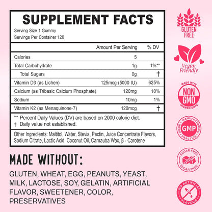 OH MY CHEWY Double-Flavoured Vitamin D3 K2 & Calcium Gummies – 5000 IU D3, 120 mcg K2 (MK-7), 120 mg Calcium – Vegan, Non-GMO – 120 Count