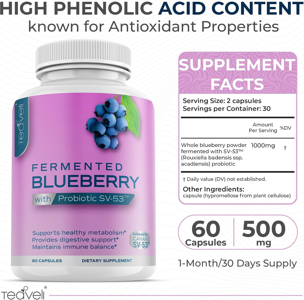 Teaveli Probiotic Blueberry Supplement with Wild Blueberries – 1000 mg per Serving – 60 Capsules - görsel 2