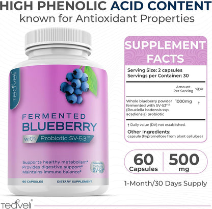 Teaveli Probiotic Blueberry Supplement with Wild Blueberries – 1000 mg per Serving – 60 Capsules