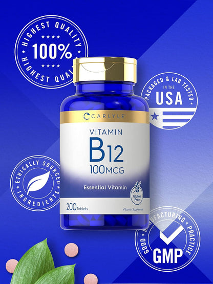 Carlyle Vitamin B12 100mcg | 200 Tablets | Vegan, Non-GM, Gluten-free Food Supplement