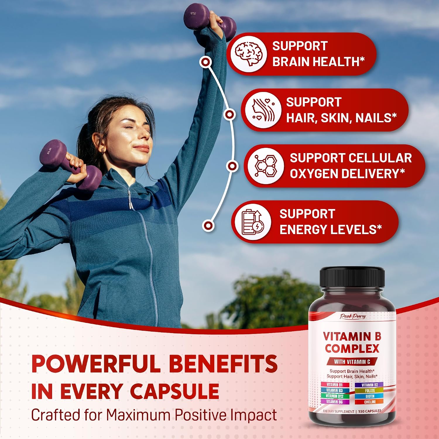PEAKPURY Ultra Vitamin B Complex with Vitamin C – High Potency B1, B2, B3, Folate, B12, Biotin, B5 & Choline - görsel 4