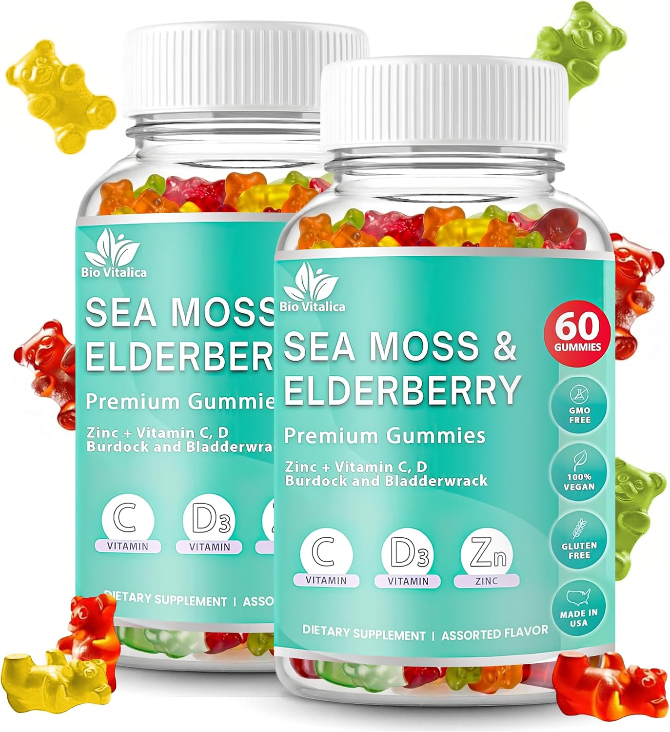 BIO VITALICA Irish Sea Moss Gummies with Elderberry – Vegan, Vitamin C, D & Zinc – Immune Support – 2 Pack - görsel 1