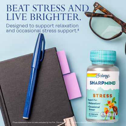 SOLARAY SharpMind Stress – Nootropic Mood Support Supplement with Ashwagandha, L-Theanine & GABA, 30 Veg Caps