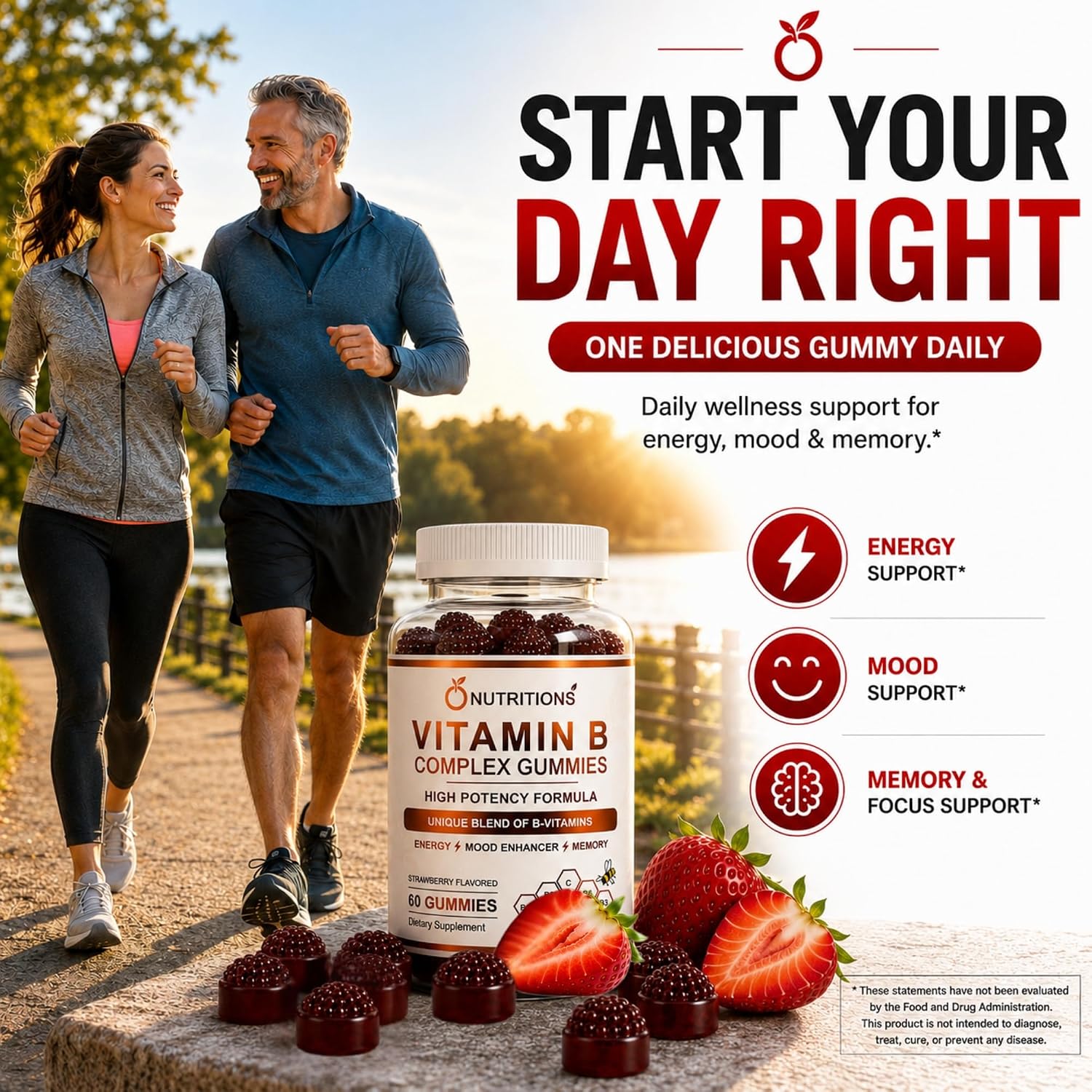O Nutritions Vitamin B Complex Gummies for Women and Men - B12, Biotin, Folate, Vitamin C - Energy, Mood and Memory Support - Hair, Skin and Nails - Vegan Strawberry Gummies, 60 Count - görsel 3