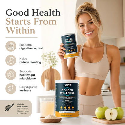 Lazu Golden Wellness Colostrum Supplement - Grass-Fed Bovine Colostrum with Manuka Honey, Probiotics & Omega-3 (450g)