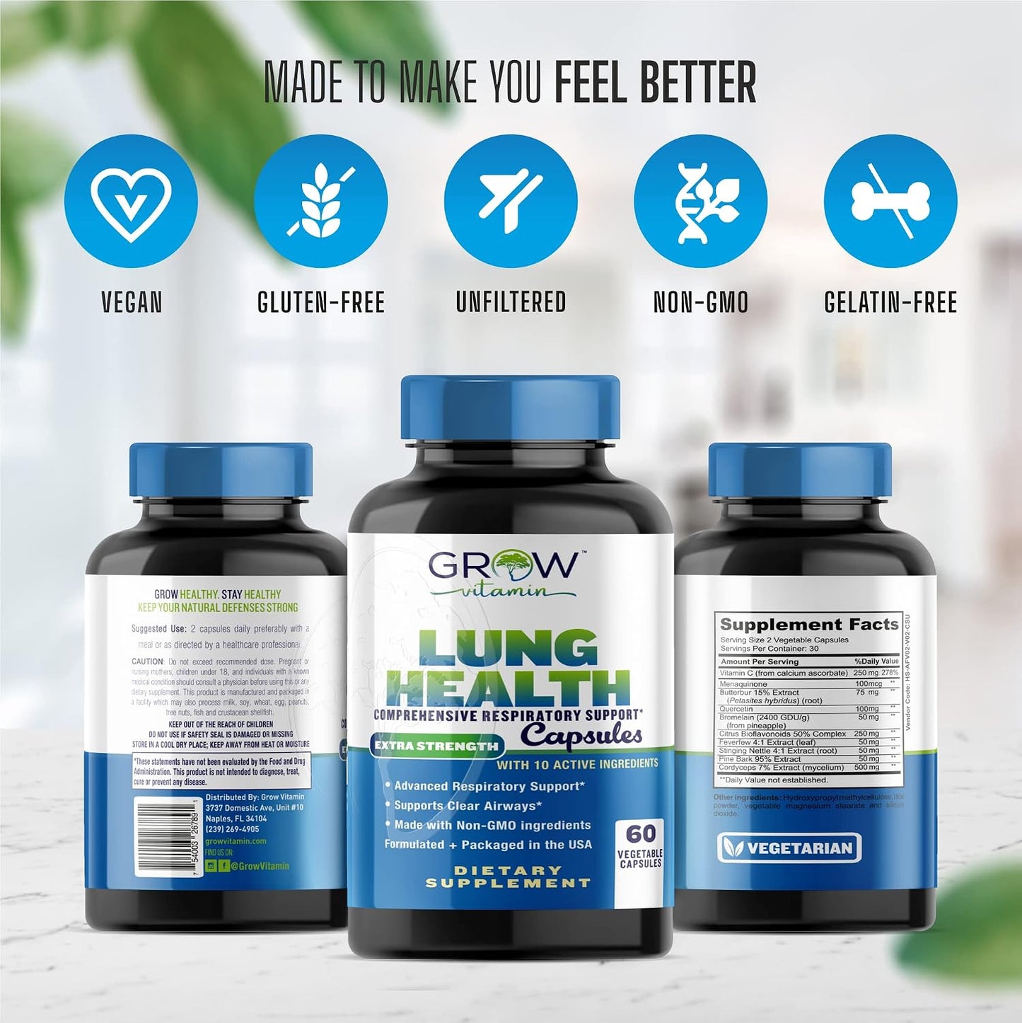 Grow Vitamin Lung Health – Respiratory Support Supplement with Vitamin C and Stinging Nettle, 60 Vegetarian Capsules - görsel 5
