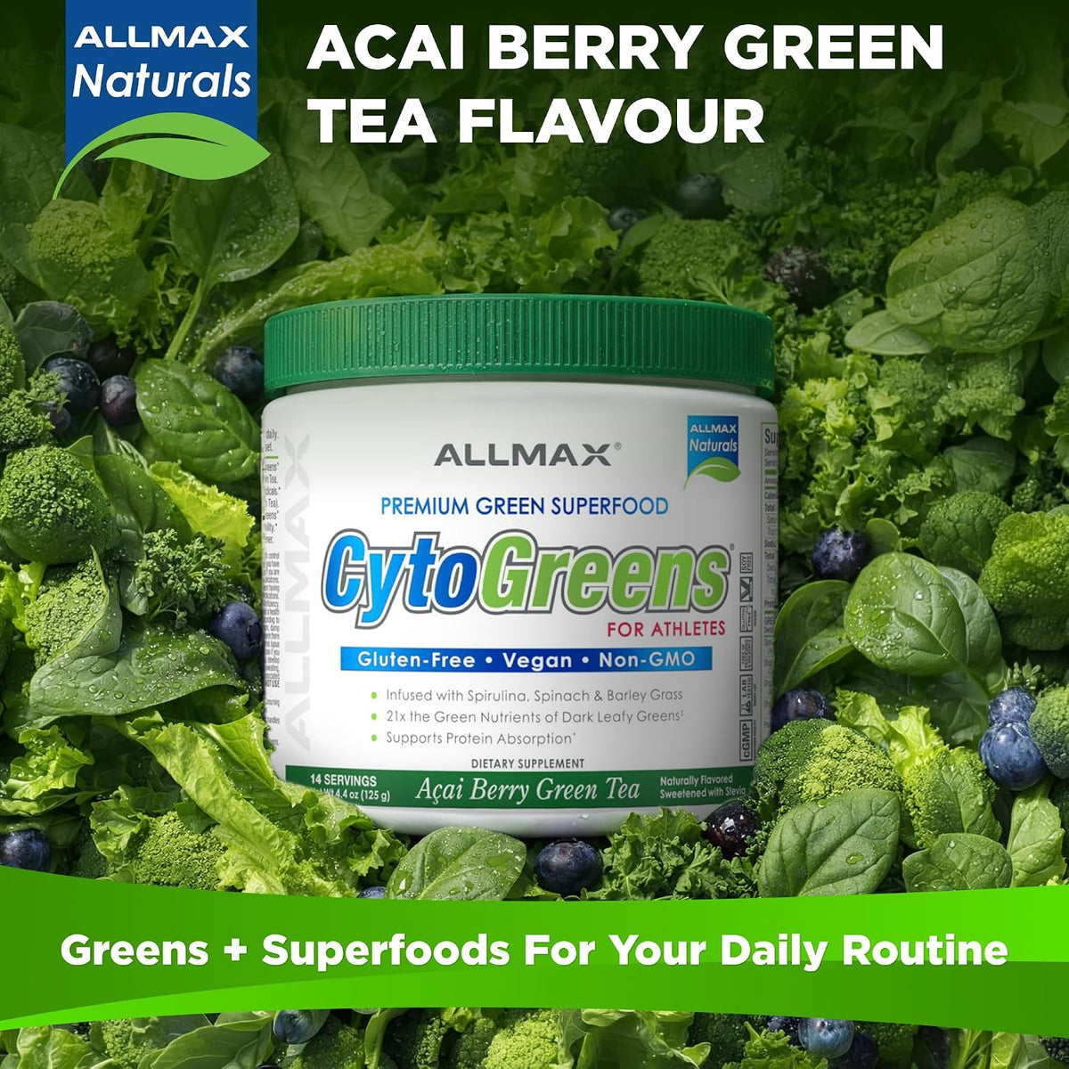 ALLMAX CytoGreens Super Greens Powder, Acai Berry Green Tea Flavour, 14 Servings - görsel 8
