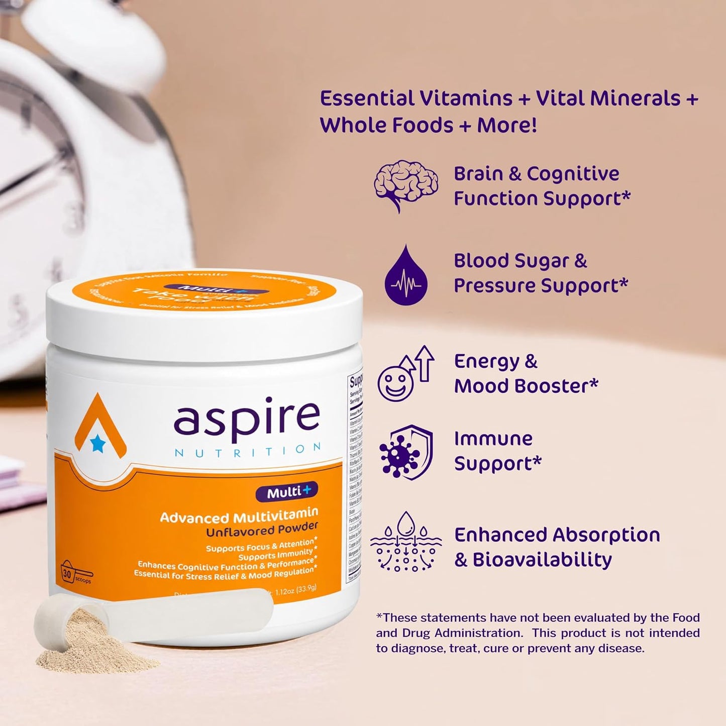Aspire Multi+ Advanced Multivitamin Powder for Kids, Men & Women - Unflavoured - görsel 3
