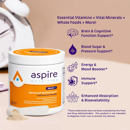 Aspire Multi+ Advanced Multivitamin Powder for Kids, Men & Women - Unflavoured