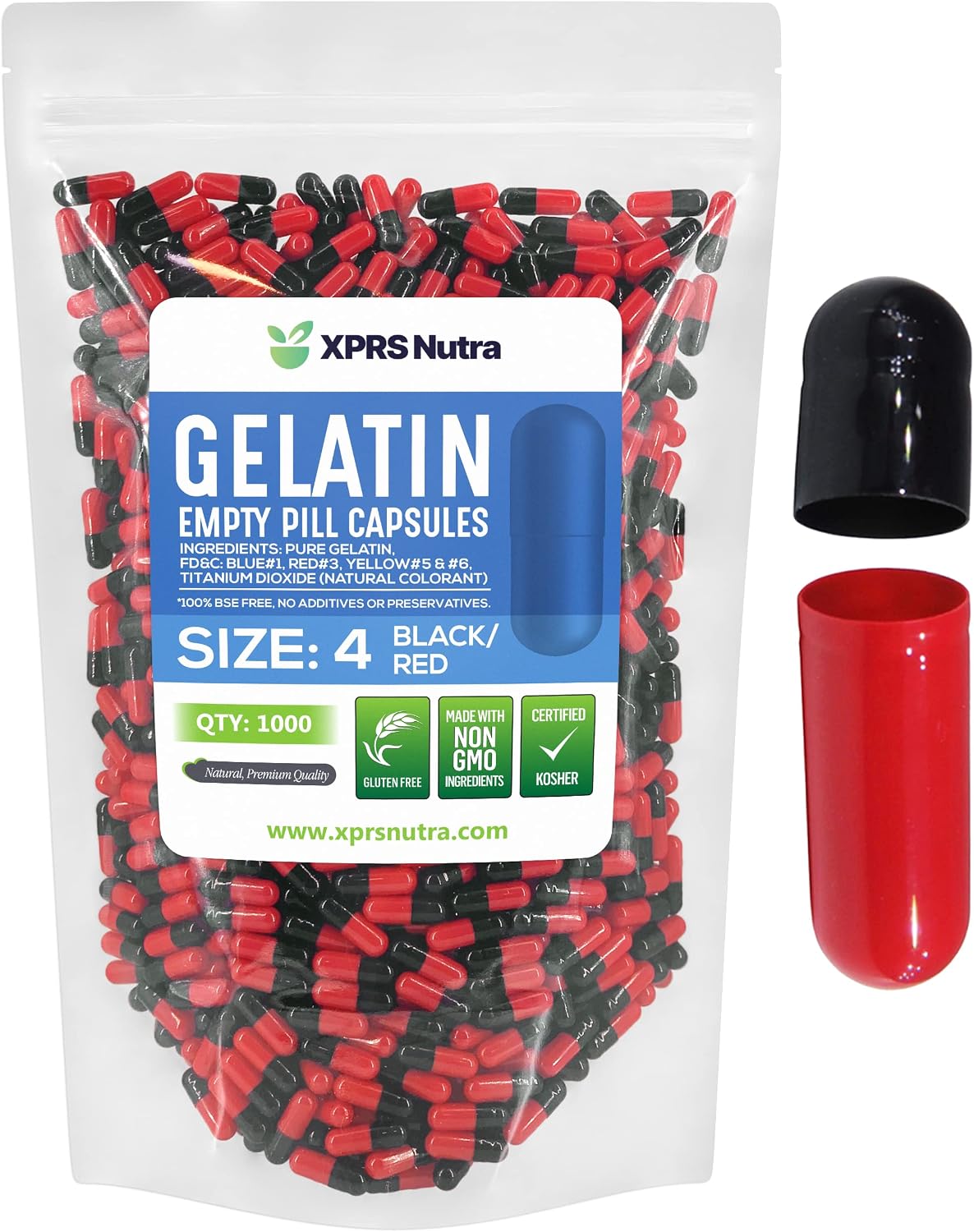XPRS Nutra Size 4 Empty Gelatine Capsules - 1000 Capsules - Black/Red - görsel 1