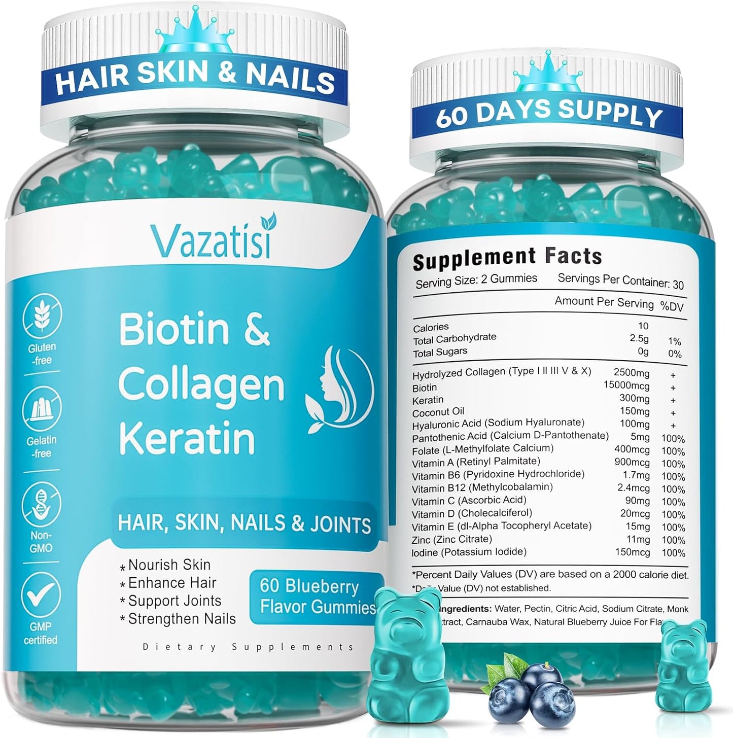 Vazatisi Biotin Gummies with Collagen & Keratin for Hair, Skin & Nails – 2 Pack (120 Blueberry Gummies) - görsel 1