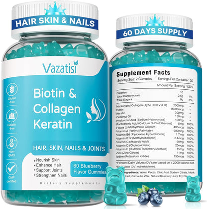 Vazatisi Biotin Gummies with Collagen & Keratin for Hair, Skin & Nails – 2 Pack (120 Blueberry Gummies)