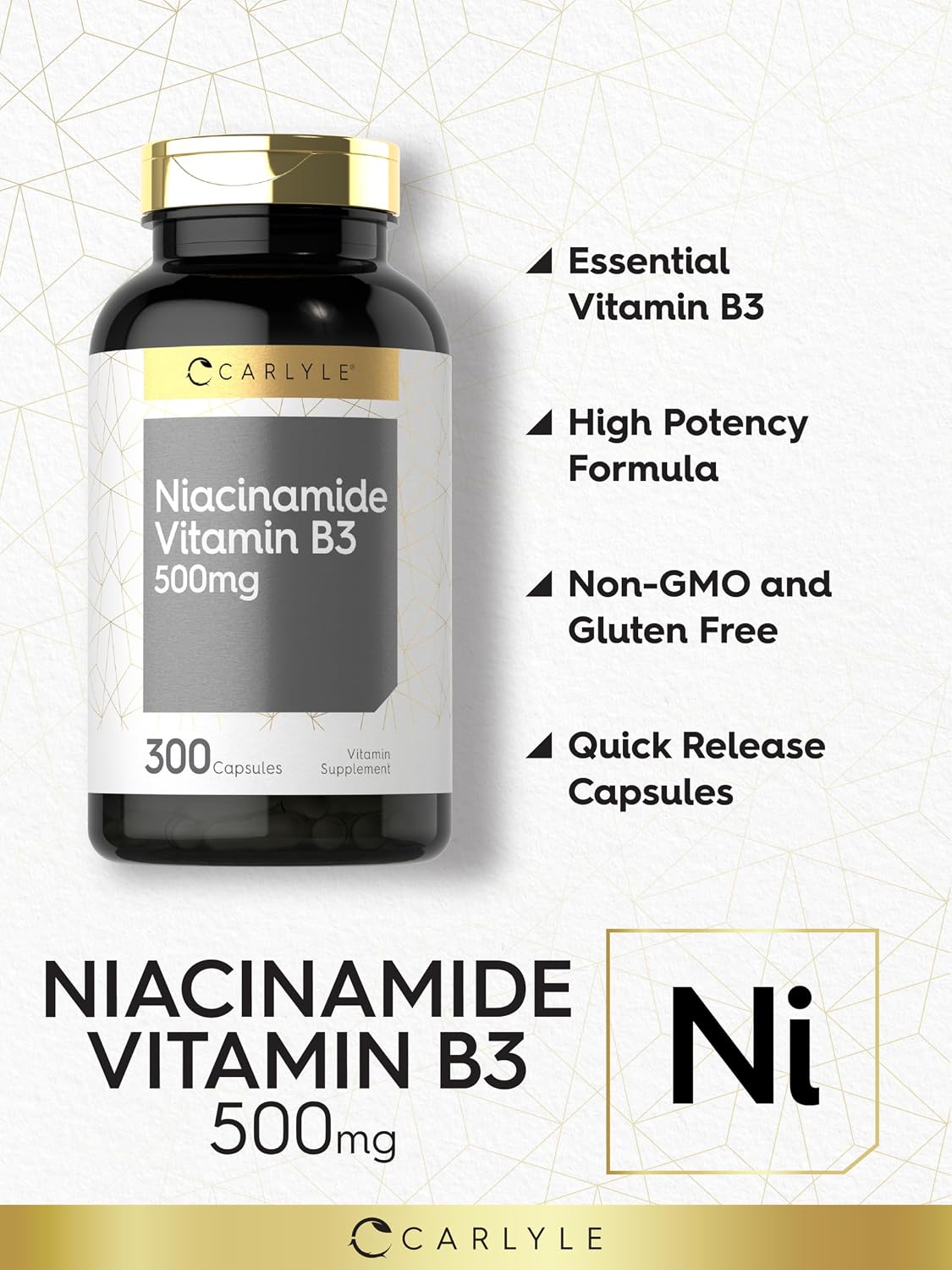 Carlyle Niacinamide 500 mg – 300 Capsules | Vitamin B3 Supplement - görsel 3