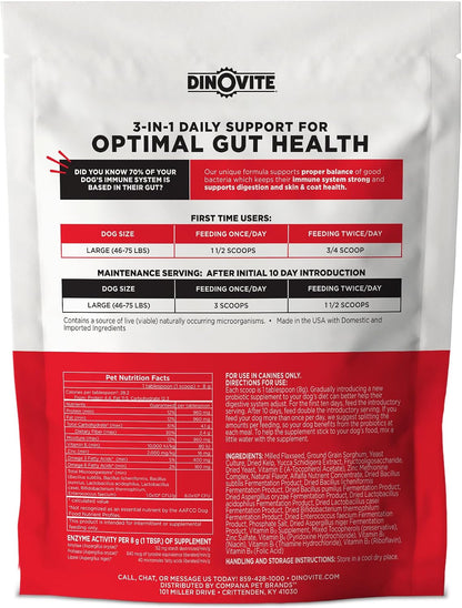 Dinovite Probiotics for Dogs, Probiotic Powder Food Topper for Large Dogs (20 kg+), Daily Digestive Health & Skin Support with Omega-3s, 30 Servings