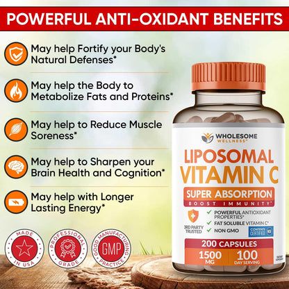 Wholesome Wellness Liposomal Vitamin C Capsules (200 Capsules, 1500mg per Serving) – High Absorption, Immune and Antioxidant Support