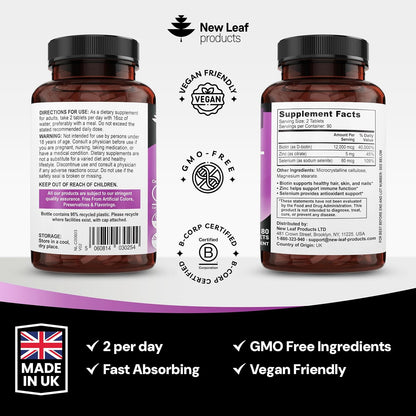 Biotin Hair, Skin and Nails Vitamins 12000mcg High Strength – Supports Normal Hair, Skin & Nails – Vegan, 180 Tablets (3 Month Supply) – Made in UK by New Leaf