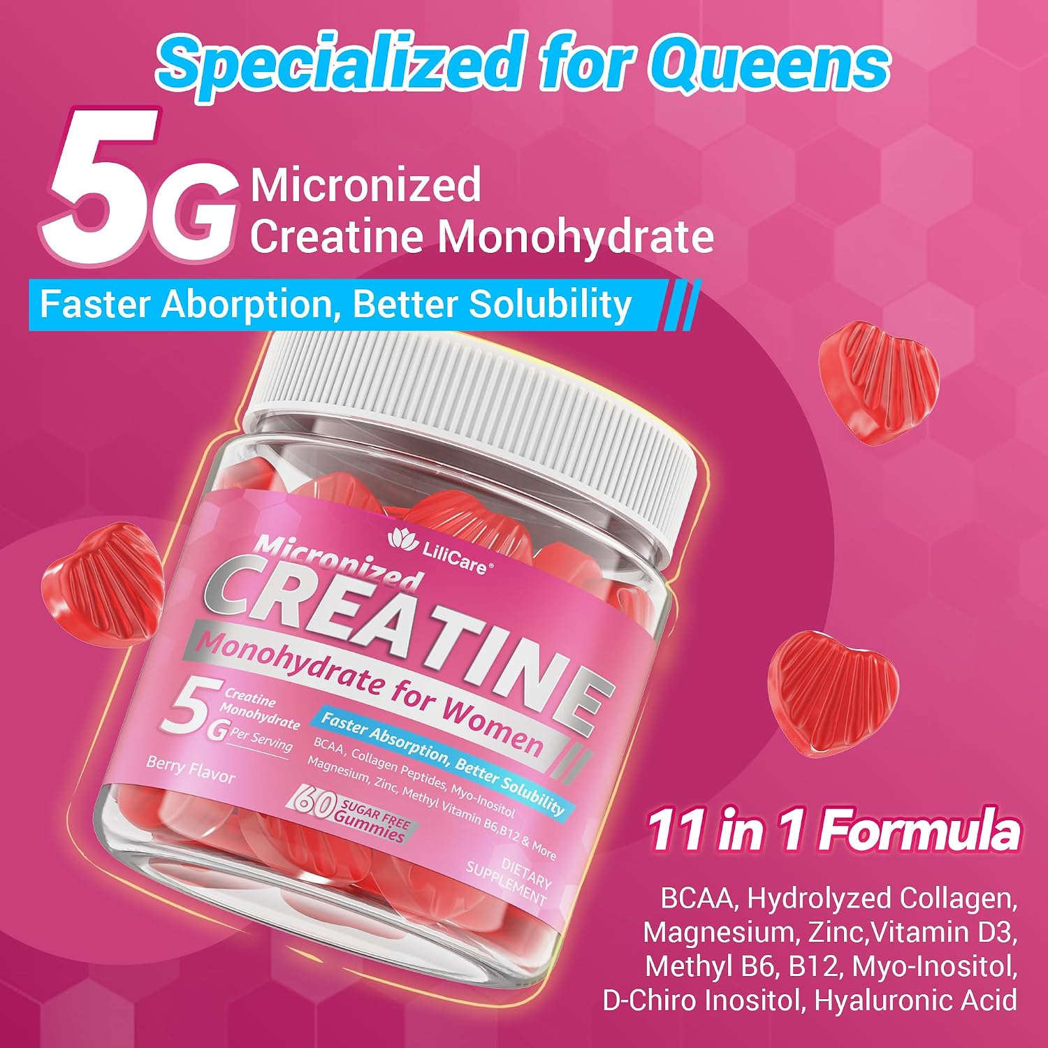 Creatine for Women Gummies: Micronised Creatine Monohydrate + Myo-Inositol, Collagen, BCAAs, Sugar Free - 120 Counts - görsel 3