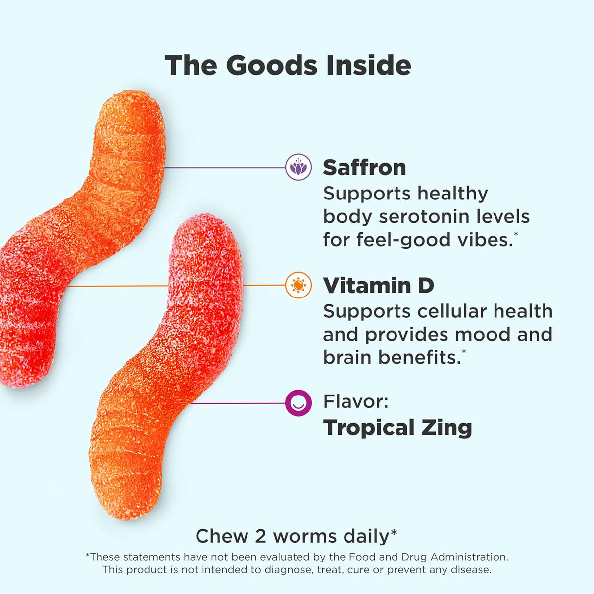 OLLY Hello Happy Gummy Worms, Mood Support Gummies for Adults with Saffron Extract & Vitamin D, Tropical Zing, 60 Count - görsel 2
