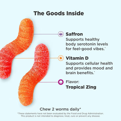 OLLY Hello Happy Gummy Worms, Mood Support Gummies for Adults with Saffron Extract & Vitamin D, Tropical Zing, 60 Count