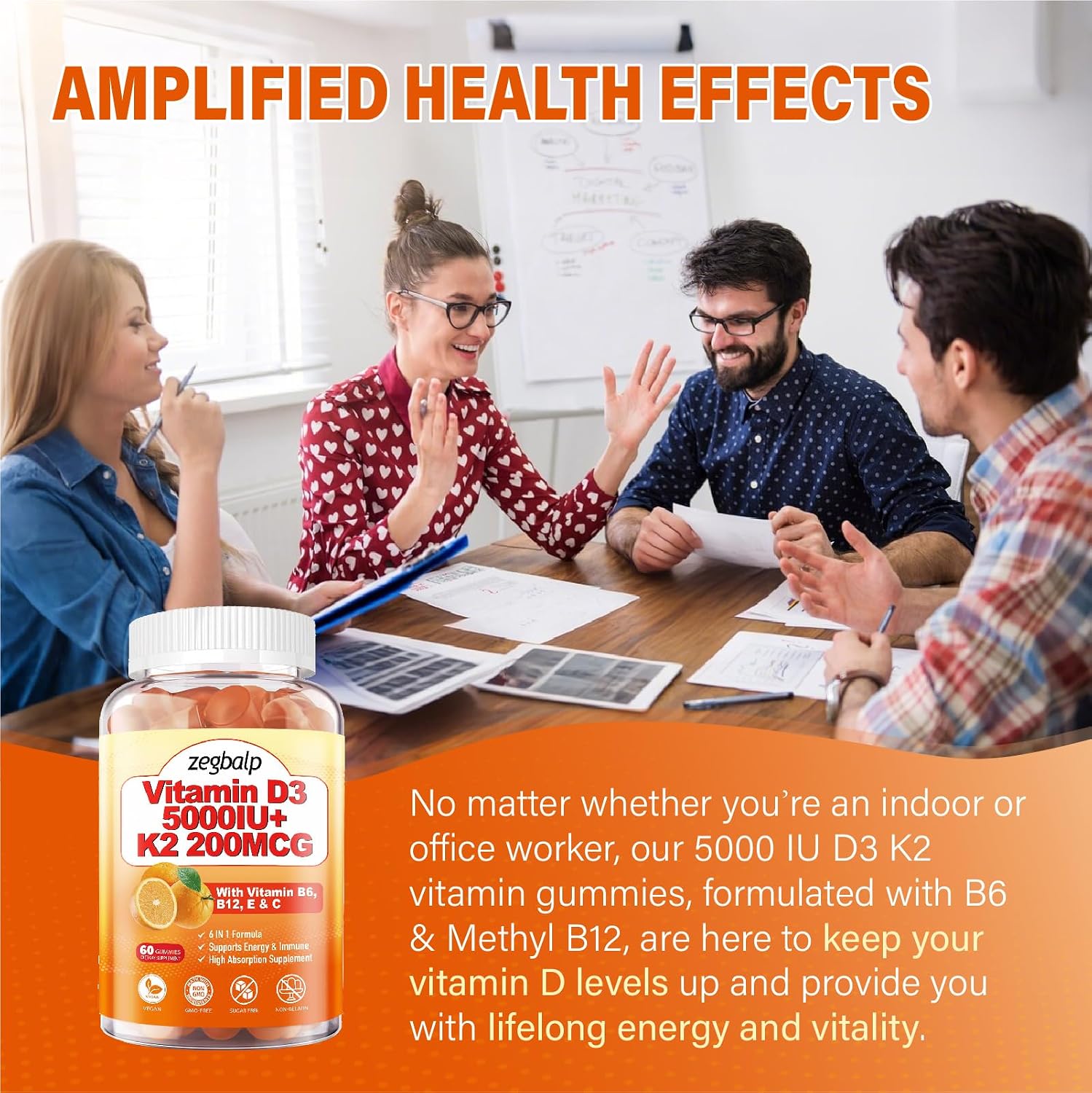 ZEGBALP Vitamin D3 & K2 Gummies - 5000 IU D3 + 200 mcg MK-7 - Sugar-free, Vegan, with B Complex, C & E - görsel 6
