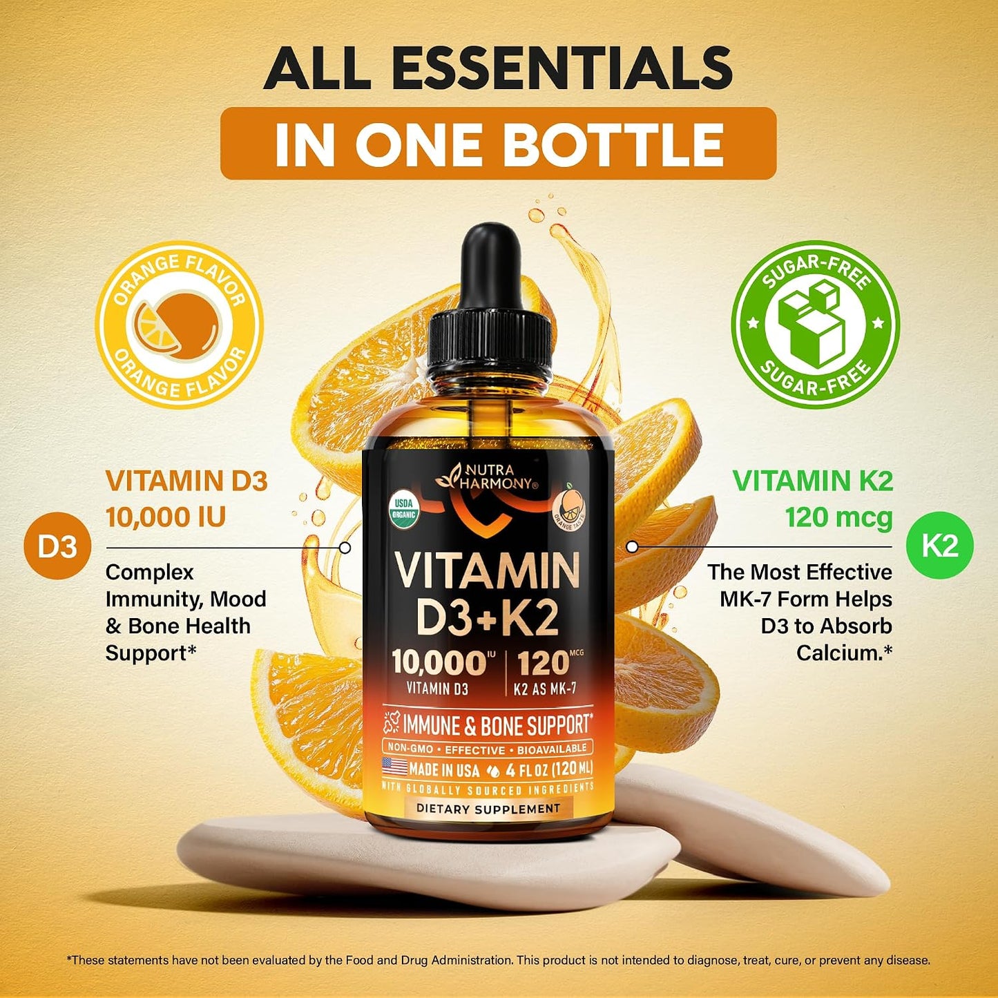 Vitamin D3 K2 USDA Organic Drops, 10000 IU D3 & 120 mcg K2 MK-7, Orange Flavour, 120 ml (120-Day Supply) - görsel 5