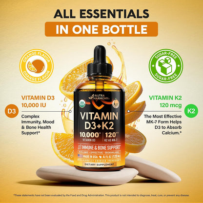 Vitamin D3 K2 USDA Organic Drops, 10000 IU D3 & 120 mcg K2 MK-7, Orange Flavour, 120 ml (120-Day Supply)