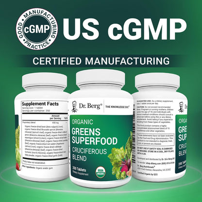 Dr. Berg's Greens Superfood Cruciferous Vegetable Tablets, 250 Tablets