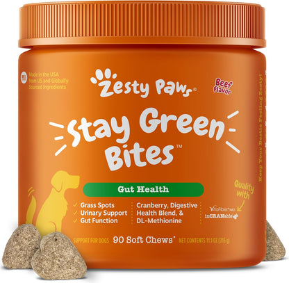 Zesty Paws Stay Green Bites for Dogs - Grass Burn Soft Chews for Lawn Spots Caused by Dog Urine - with Cranberry for Urinary Tract & Bladder - Beef - 90 Count