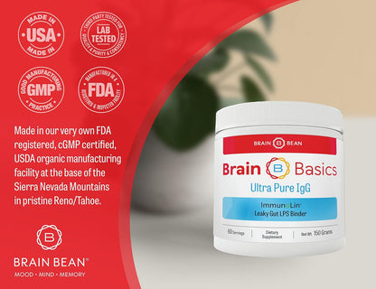 Brain Basics Ultra Pure IgG Supplement - Dairy-Free IgG Powder, 150g (60 Servings)