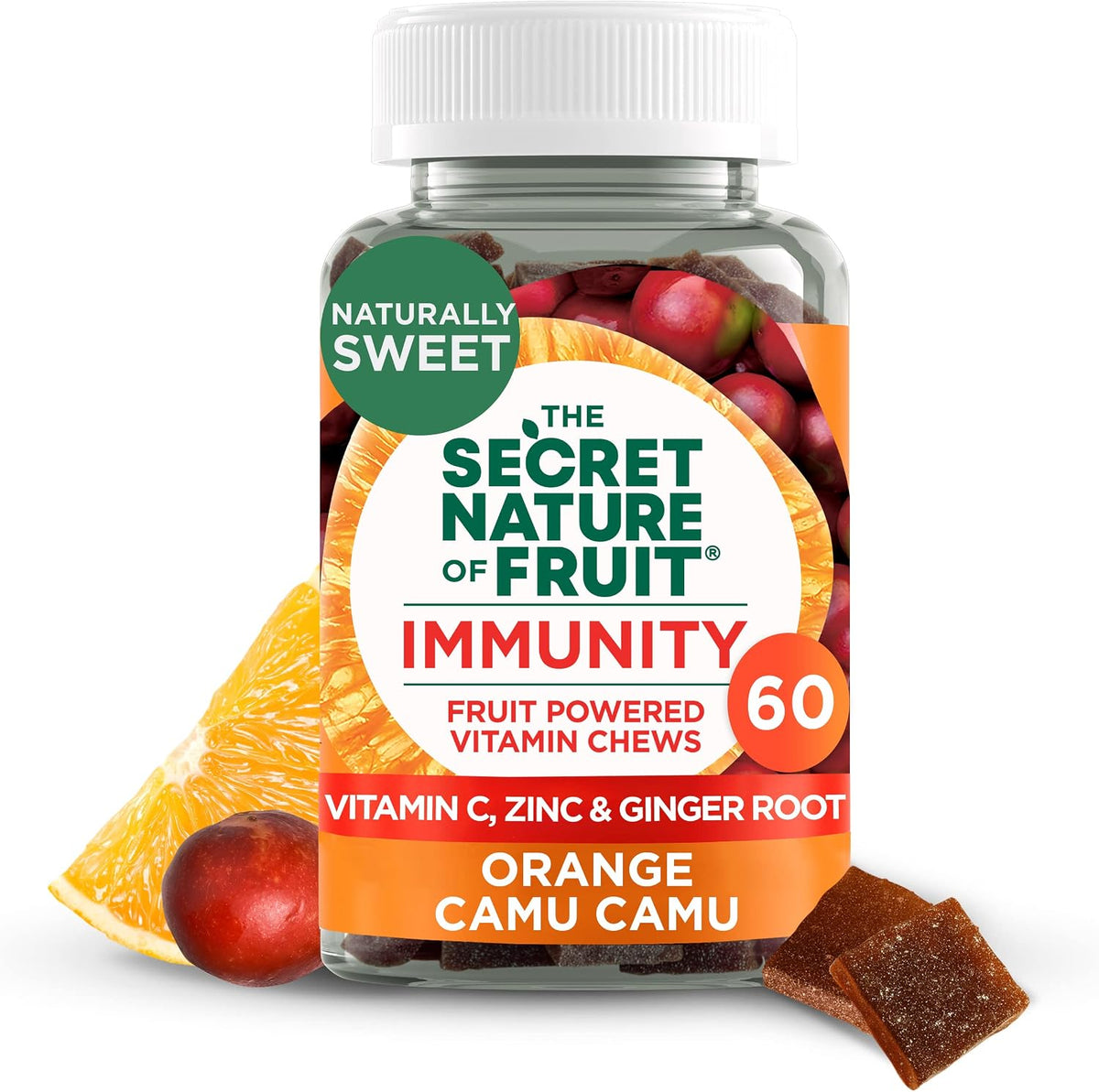 The Secret Nature of Fruit Immunity Chews - Real Fruit Powered Vitamin Chews with Vitamin C, Zinc, Ginger Root, Orange & Camu Camu (60 Chews) - görsel 1